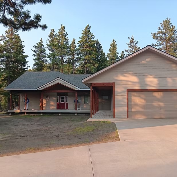House and garage in evening light
